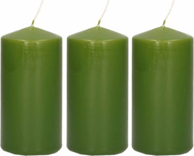 Trend Candles Cilinderkaars/stompkaars - 3x - olijfgroen - 5 x 10 cm - 23 branduren - met brandvertragende folie