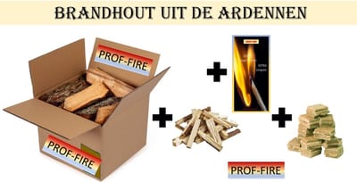 Prof-Fire | 10 Kg Droog Brandhout - Haardhout pakket + Aanmaakhout + Aanmaakblokjes + Doos Lange Lucifers - Natuurlijk Gedroogd Brandhout (Mix van Eik - Beuk, Es....) uit de Ardennen - Top Kwaliteit - Kachel - Vuurschaal - Openhaard - BBQ