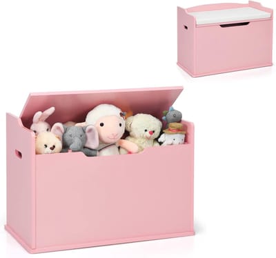 COSTWAY Speelgoedkist met deksel, 2-in-1 speelgoedkist met kussen, houten speelgoedkast met handgrepen, speelgoedopslag voor kinderkamer, speelkamer, 74 x 39 x 52 cm (roze)