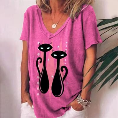 T-shirt Vintage pour Femme Anime Chat Graphique Imprimé 3D T-shirts Été Col en V Manches Courtes T-shirts Amples Femme Harajuku Streetwear 5XL pink