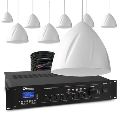 Power Dynamics 100V geluidsinstallatie met 8 hangende speakers en 4-zone versterker - 240W - Wit