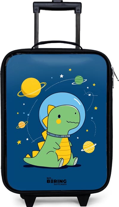 NoBoringSuitcases.com® - Kinderkoffer jongen - Kindertrolley meisje - Dino - Planeet - Ster - Blauw - Koffer kind lichtgewicht - Reiskoffer trolley voor kinderen - Koffertje met lichtgevende wieltjes - Rolkoffer zwart
