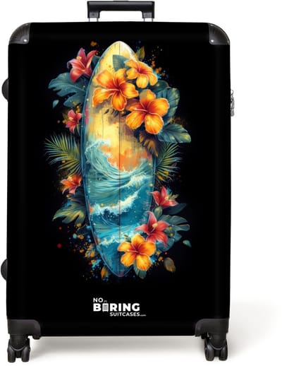 NoBoringSuitcases.com® - Koffer groot - Reiskoffer lichtgewicht - Surfplank omringd door bloemen - Rolkoffer met 4 wielen - Grote trolley XL - 98 liter bagage