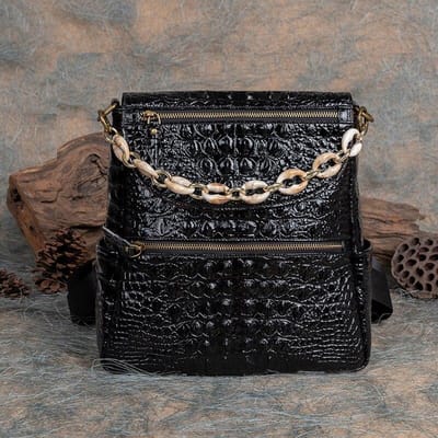 Echt Lederen Rugzak Dames Tas Vintage Krokodillenpatroon Embossed Koeienhuid Grote Capaciteit Reizen Rugzakken zwart