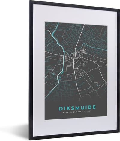 Fotolijst incl. Poster - Plattegrond – Diksmuide – Blauw – Stadskaart - Kaart - 30x40 cm - Posterlijst
