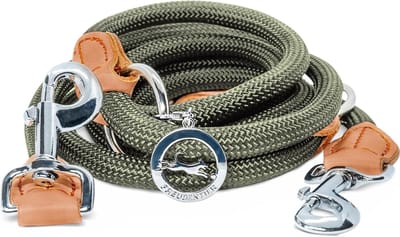 Dog leash 2 m for medium and large dogs 3-way adjustable robust nylon rounded with stylish brown leather elements (forest green)