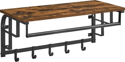 ACAZA Kapstok - Wandkapstok - Kapstok Hangend - 66 x 30 x 27 cm - 5 Verwijderbare Haken met Plank en Kledingstang - Vintage Bruin