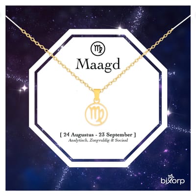 Bixorp Stars Sterrenbeeld Ketting Maagd / Virgo - Stainless Steel Rondje met Goud Verguld - 45cm Ketting met Zodiac Hanger - Inclusief Cadeau Verpakking