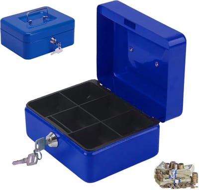 Blauwe Metalen Geldkist met Slot en 2 Sleutels - 12,5 x 9,5 x 6 cm
