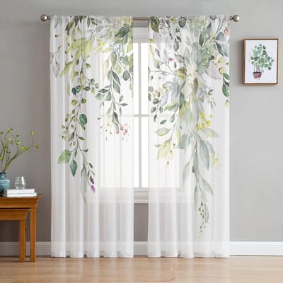Rideaux translucides motif plantes aquarelle de printemps feuilles d'eucalyptus idéaux pour la décoration de salon, rideau pour ouverture de fenêtre, rideaux en voile tulle pour coin cuisine W135 x H115cm x1&Grommet Top