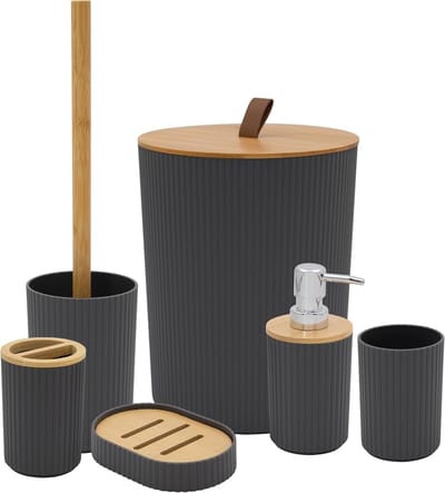 Famanu - Badkameraccessoireset, moderne badkamerbenodigdheden, set met tandenborstelhouder, afvalbak, toiletborstel, beker, zeepbakje en zeepdispenser (grijs)