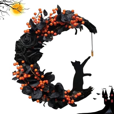 Halloween Zwarte Maan Katten Garland Teken - Katten Garland - Gloeiend - Handgemaakte Halloween Horror Garland - Woondecoratie - Geschikt voor Binnen- en Buitenfeesten, Raam-, Muurdecoratie, Tuin - Kattenliefhebber Cadeau Ornament - Zwart
