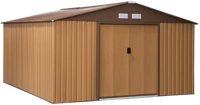 Tuinschuur - 340 x 386 x 200 cm - 20m³ - Gegalvaniseerd Staal - Tuinhuisje - Gereedschapsschuur - Opslagruimte Tuin - Tuingereedschap Bewaren - Buitenschuren - Fietsenberging - Tuinhuis met 4 Ventilatiesleuven en 2 Schuifdeur - Bruin