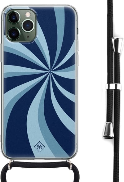 Casimoda® hoesje met koord - Geschikt voor iPhone 11 Pro - Blauw Retro Lijnen - Afneembaar koord - Siliconen/TPU - Mint