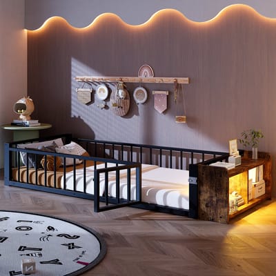 Vlakbed, metalen bed, 90 x 200 cm, metalen bedframe, ijzeren bed, kinderbed, met veiligheidshek, zonder matras, opbergvakken, led-stripverlichting, zwart
