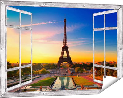 Gards Tuinposter Doorkijk Parijs Eiffeltoren tijdens de Zonsopkomst - 120x80 cm - Tuindoek - Tuindecoratie - Wanddecoratie buiten - Tuinschilderij