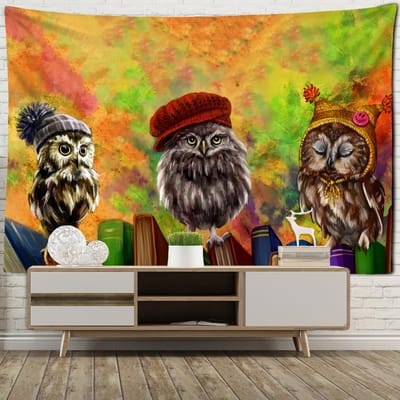 Tapisserie murale psychédélique en forme de hibou, style hippie, sorcellerie, univers étoilé, art bohème, décoration d'intérieur 95x70cm brown
