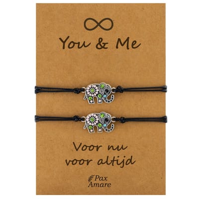 Vriendschapsarmbandjes voor 2 "You & Me" - Olifant - BFF Armbandjes met Cadeau Kaartje - Zwart & Zilverkleurig - Elastisch Verstelbaar - Pax Amare