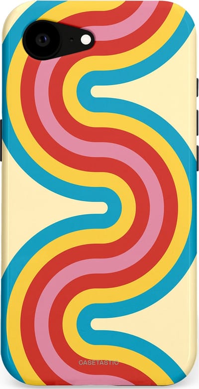 Casetastic hoesje geschikt voor Apple iPhone 16e / Apple iPhone 17e - MagSafe - Dubbellaagse bescherming - Retro kronkels - Fashion Case - Crème Lichtblauw Goud Rood