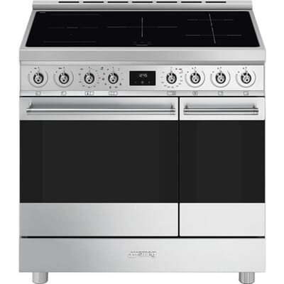 SMEG Fornuis met Inductie Kookplaat Fornuis, 90x60 cm, Classici, Sinfonia, Roestvrij staal, Type kookplaat: Inductie, Type primaire oven: Thermogeventileerd, Type secundaire oven: Statisch, A, A
