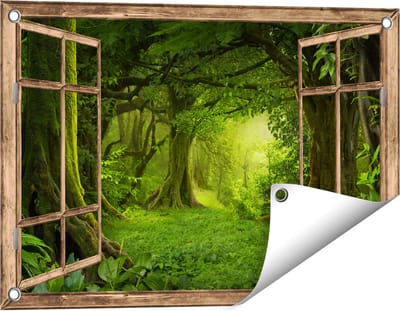 Gards Tuinposter Doorkijk Groene Tropische Jungle Bos - 60x40 cm - Tuindoek - Tuindecoratie - Wanddecoratie buiten - Tuinschilderij