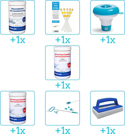 Zwembad Onderhoudspakket - Onderhoud Zwembad - bevat Chloor - Testrips - Chloordrijver - PH-min - PH-plus - Schoonmaakset en Scrubborstel (7-delig)