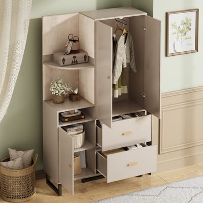 Compacte kledingkast - gangkast - hal kast - inbouwkast - schoenenkast met kussenpaneel - 110x186x38 cm - beige