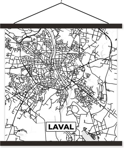 Posterhanger incl. Poster 60x60 cm - Schoolplaat - Kaart - Laval - Stadskaart - Frankrijk - Plattegrond - Zwart wit - Textielposter - Zwarte latten - Stadskaart