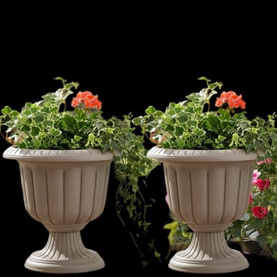 1+1 Sierlijke taupe bloempot - rond op voet - hoge mokka sierpot - bloempotten voor binnen en buiten