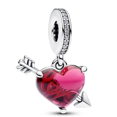 Fler® | Bedel | Past op populaire bedelarmbanden (standaard - 3mm) | Rood muranoglas hart & pijl Bedel | Hangbedel Charm | 925 sterling zilver | Transparante Zirkonia & Rood Muranoglas | Armband Kraal | Valentijnsdag Cadeau | Sinterklaas kado | Kerst