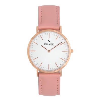 KRAEK Livia Rosé Goud Wit 36 mm - Dames Horloge - Roze Leer horlogebandje - inclusief pushpin