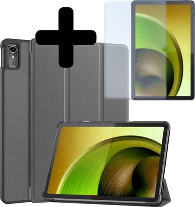 Hoes - Geschikt voor Lenovo Tab M10 5G - Met Screenprotector - Trifold Bookcase - Hard Cover - Hardcover Book Case - Tablet Hoesje - Grijs