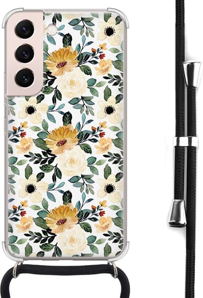 Hoesje met koord - Geschikt voor Samsung Galaxy S22 - Lovely flowers - Verstelbaar zwart koord - Crossbody - Bloemen - Transparant, Geel - Leuke Telefoonhoesjes