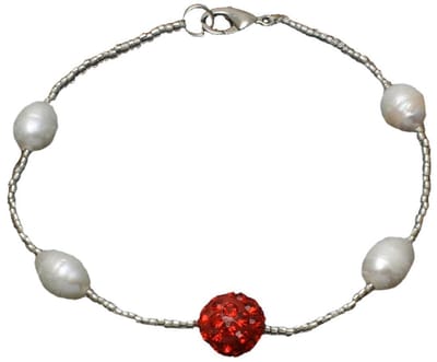 Zoetwater parel armband Pearl Stras Ball Red - echte parels - wit - rood - stras steentjes - glitter - luxe sieraden zakje - parel armband dames - zoetwaterparel