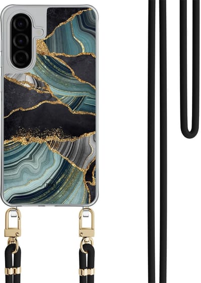 Telefoonhoesje met koord geschikt voor Samsung A26 - Marble jade stone - Inclusief Zwart koord - Transparant, Zwart - Print - Crossbody beschermhoes - Met Telefoonketting
