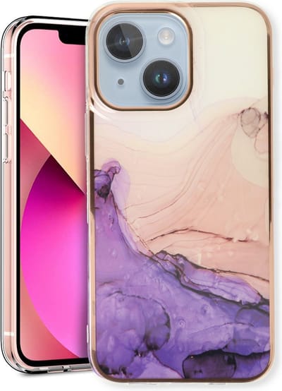 Casemania Hoesje Geschikt voor Apple iPhone 14 - Paars - Siliconen Marmer Back Cover