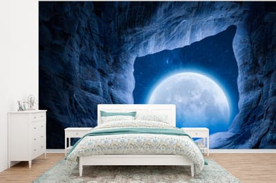 Behang - Fotobehang Grot - Maan - Ruimte - Heelal - Blauw - Breedte 295 cm x hoogte 220 cm