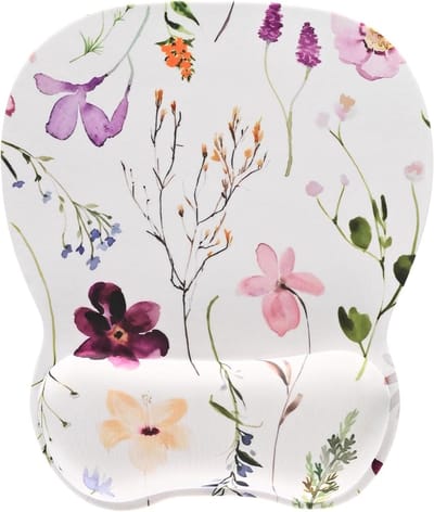 Ergonomische Muismat met Geheugenschuim Handsteun en Antislip Rubber Onderkant - Bloemenprint, Wit, Comfortabel en Ondersteunend voor Langdurig Gebruik