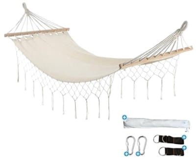 Katoenen Hangmat met Spreidstok - Beige - 100x200 cm - Inclusief Ophangsysteem en Draagtas - Geschikt voor 1 Persoon
