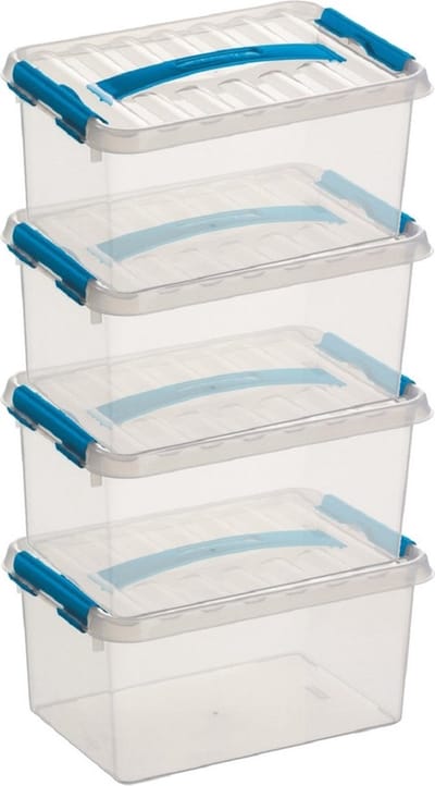 4x sunware q-line opberg box/opbergdoos - 6 liter - 30 x 20 x 14 cm - kunststof - opslagbox - transparant/blauw