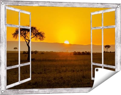 Gards Tuinposter Doorkijk Zonsopgang in de Savanne met een Boom - 90x60 cm - Tuindoek - Tuindecoratie - Wanddecoratie buiten - Tuinschilderij