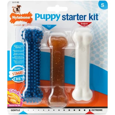 Set van 3 hondenspeeltjes Nylabone Puppy Starter Kit - 1 Puppybone Chicken / 1 Extreme Chew Chicken / 1 Dental Blue S