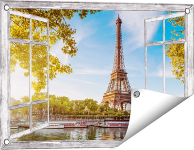 Gards Tuinposter Doorkijk Eiffeltoren in Parijs aan het Water - 60x40 cm - Tuindoek - Tuindecoratie - Wanddecoratie buiten - Tuinschilderij
