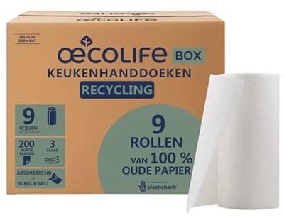oecolife Recycling Keukenhanddoeken, 9 rollen à 200 vellen, korte bladen, keukenrollen, grote verpakking, plasticvrij, duurzaam, huishoudelijke rollen, multifunctionele doeken, papieren handdoeken,