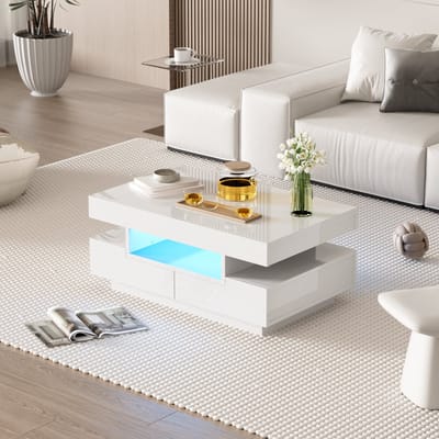 Wishdor Salontafel hoogglans met instelbare LED-lichtlijst, 3 open vakken en 4 laden, 80×50×36 cm, wit