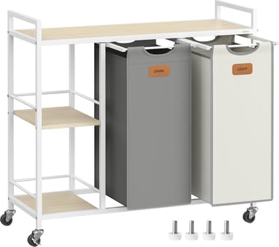 FurnStar - Wasmand 2 vakken - wasverzamelaar 100 l - wassorteerder - rollen - waswagen met planken - waszak - met afneembare vakken - 6 etiketten - kastanjebruin-inktzwart-87 x 33 x 80,5 cm - natuurbeige + duifgrijs + crèmewit