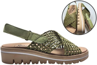 Stravers - Sandalen Gevlochten Leer Groen Maat 43 Dames Uitneembaar Voetbed Grote Maten Leren Sandalen