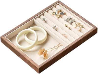 Sieradendienblad van notenhout met fluwelen voering - Organizer voor ringen, oorbellen, armbanden en horloges