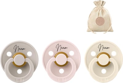3 BIBS spenen met naam rond maat 1: mushroom, petal en ivory + BolleToet speenzakje - fopspenen