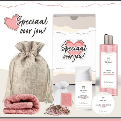 Geschenkset “Speciaal Voor Jou!” - 6 producten - 530 gram - Triomf Cosmetica | Giftset voor haar Luxe Wellness Cadeau Pakketje Vrouw Meisje Valentijn Vriendin Moeder Moederdag Cadeaupakket Kerst Kerstpakketje Geschenk Bedankt Pakket Gift Set Roze